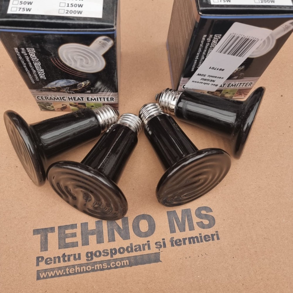 Bec infrarosu NEGRU ceramic 75W emitator de caldura pentru pui de pasari si animale de companie SET 10 BUC