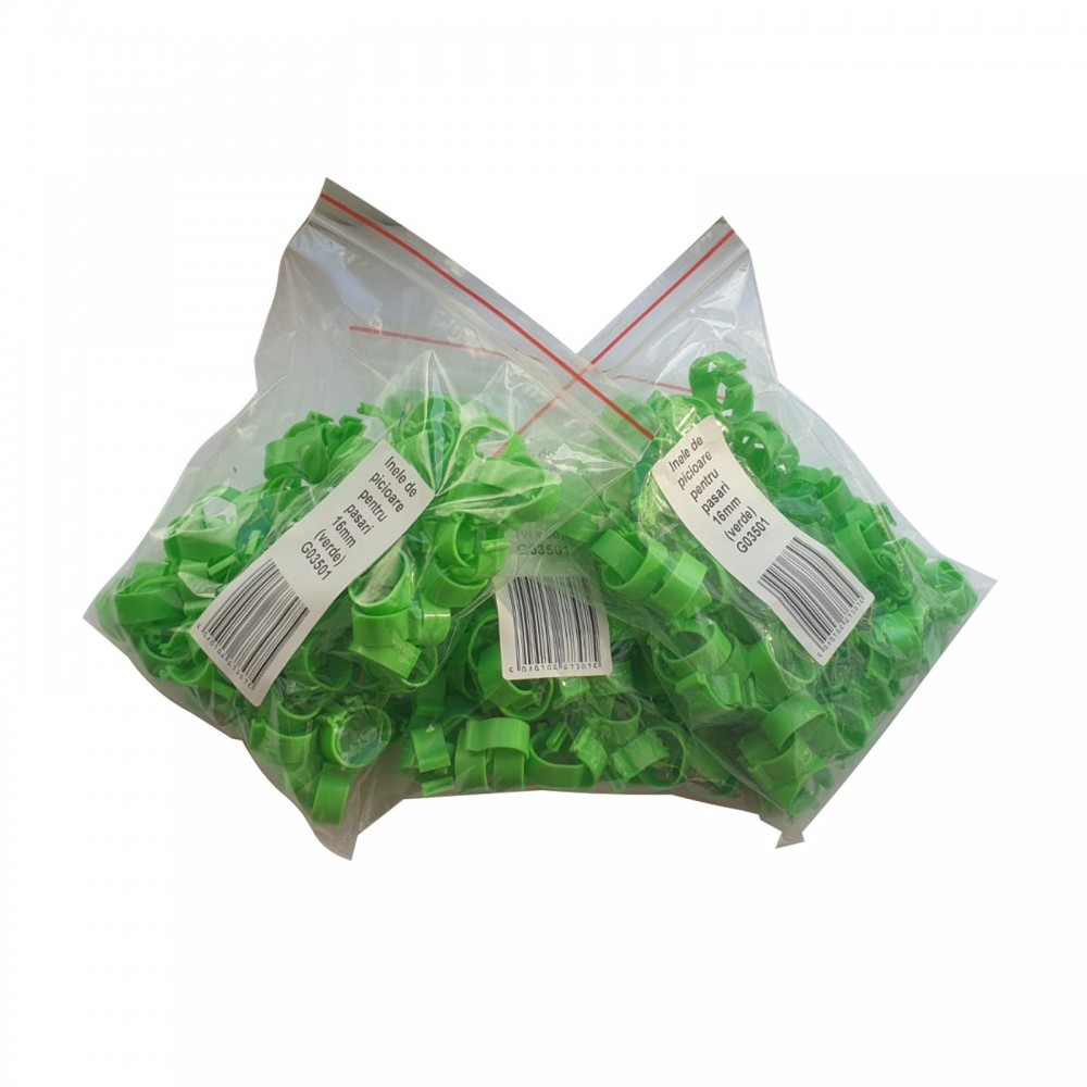 Inele (verzi) de picioare pentru pasari 16mm (set 100 bucati)