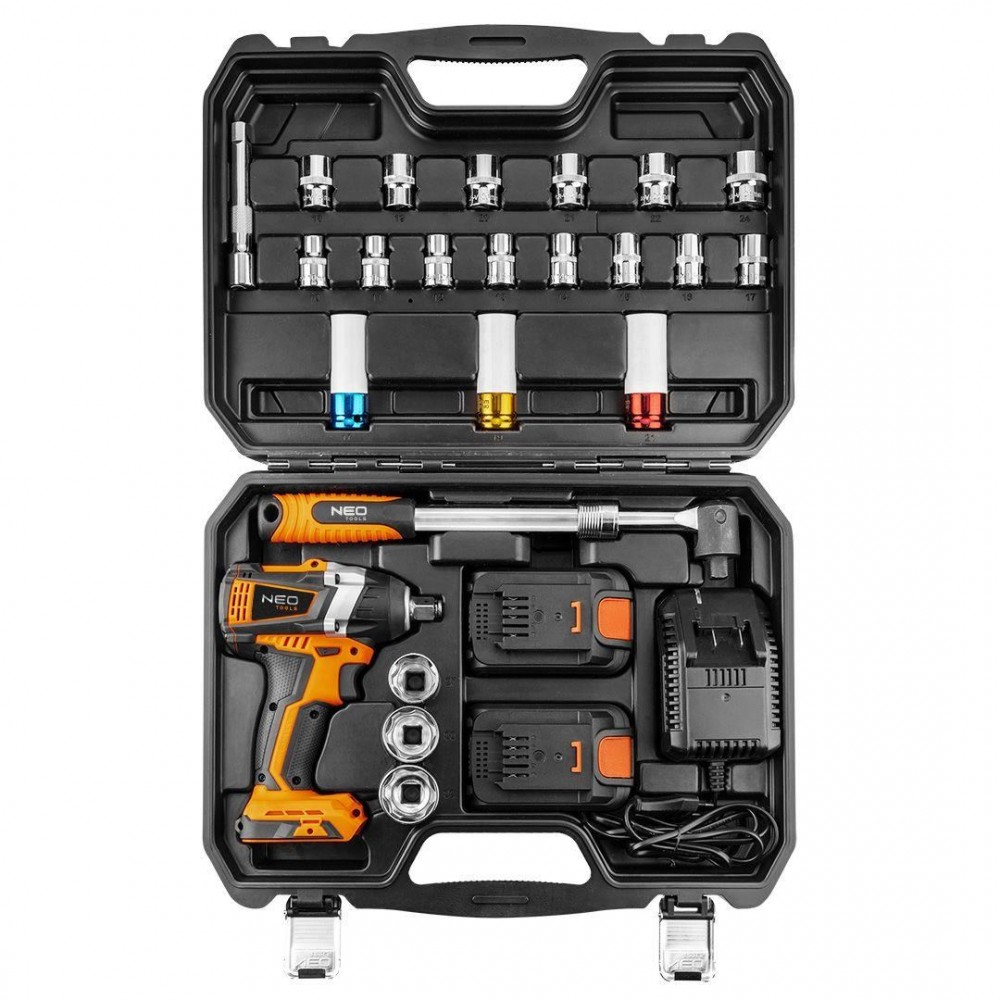 Masina de insurubat, cu impact, cu 2 acumulatori 2 Ah, incarcator 18 V Li-ion, accesorii, 200 Nm, 1/2",ÃÂ NEO Masina de insurubat, cu impact, cu 2 acumulatori 2 Ah, incarcator 18 V Li-ion, accesorii, 200 Nm, 1/2",ÃÂ NEO