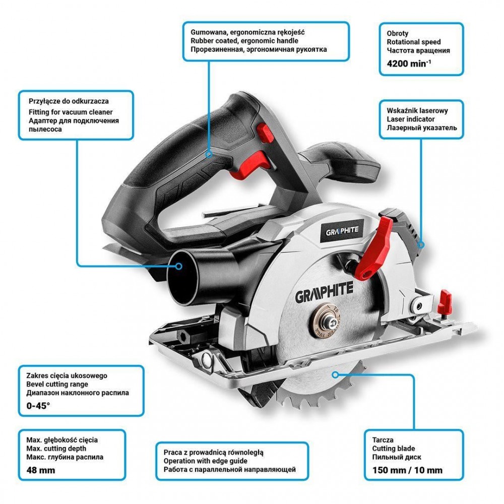 Fierastrau circular de mana, cu acumulator 2 Ah, incarcator 18 V Li-ion, cu ochelari, manusi, 150x10 mm, Graphite Energy