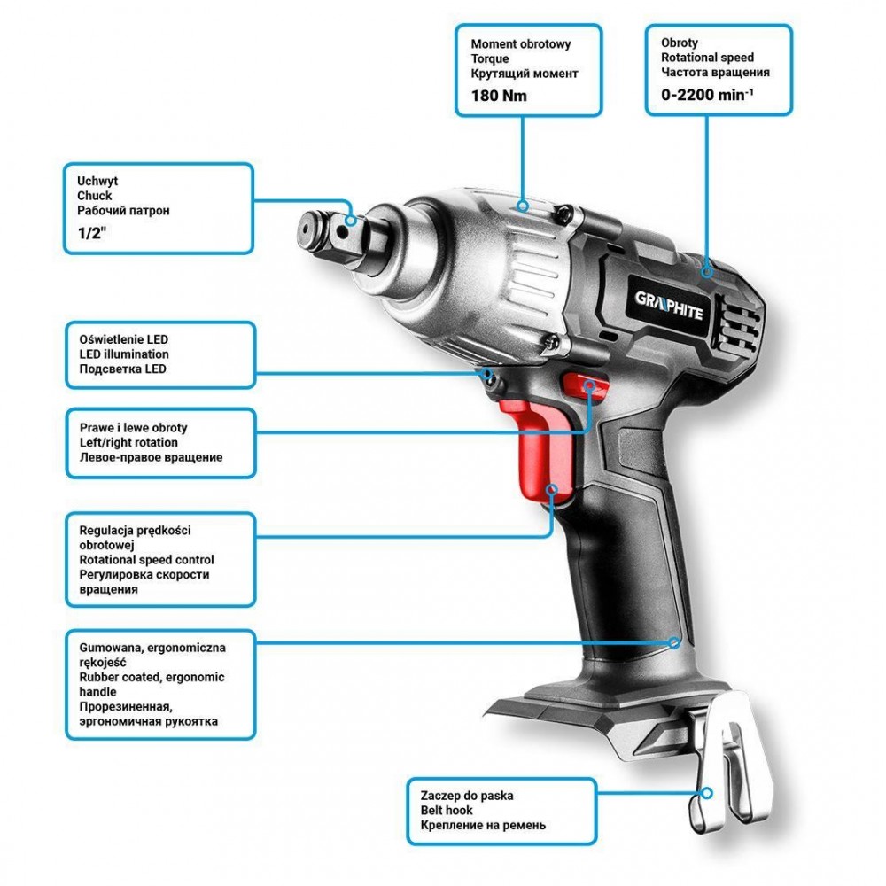 Masina de insurubat, cuÃÂ impact, 18V Li-ion (acumulator neinclus), 180 Nm, 1/2", Graphite Energy