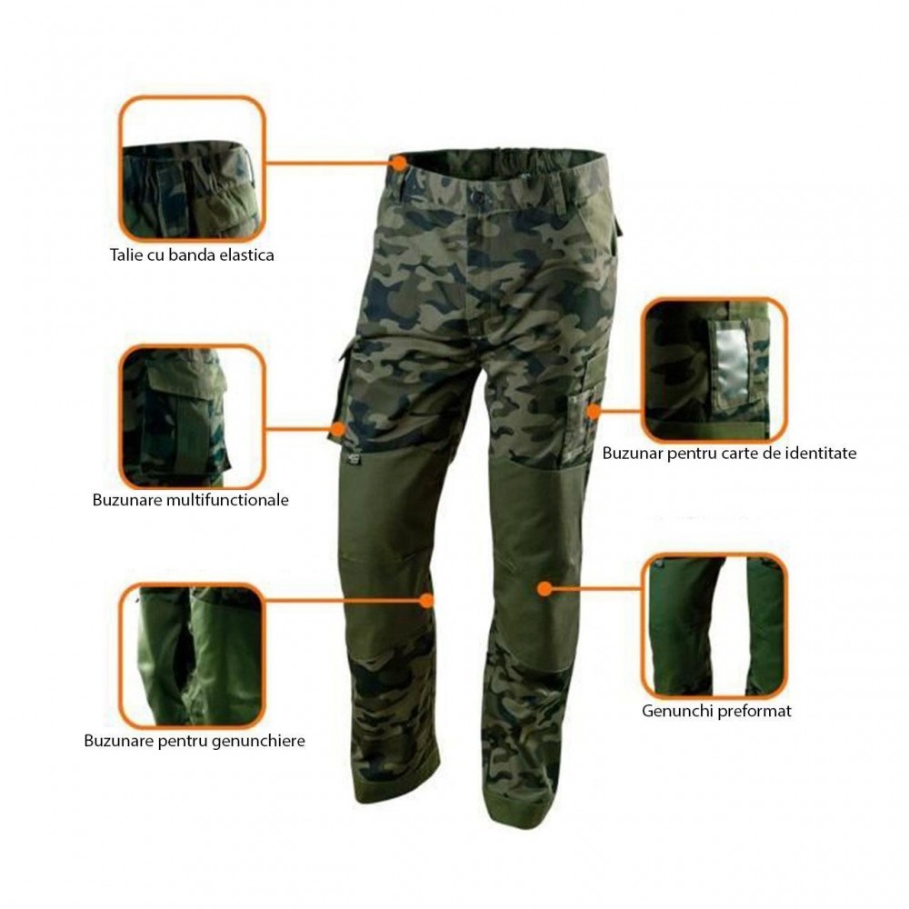 Pantaloni de lucru, camuflaj, model Camo, marimea XXL/56, NEO Pantaloni de lucru, camuflaj, model Camo, marimea XXL/56, NEO