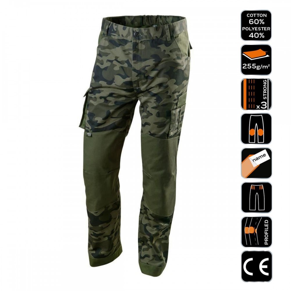 Pantaloni de lucru, camuflaj, model Camo, marimea XXL/56, NEO Pantaloni de lucru, camuflaj, model Camo, marimea XXL/56, NEO