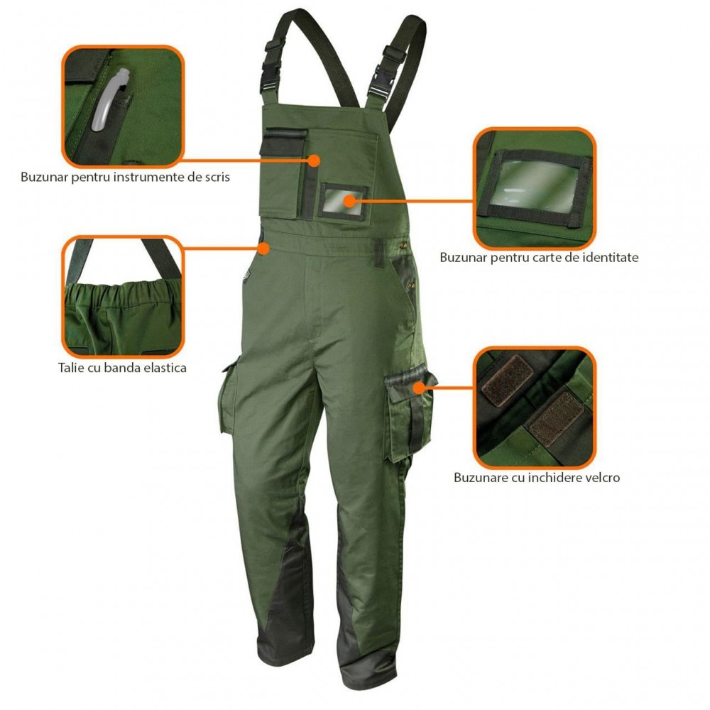Pantaloni de lucru cu pieptar, salopeta, model Camo, maslin, marimea XL/54, NEO Pantaloni de lucru cu pieptar, salopeta, model Camo, maslin, marimea XL/54, NEO