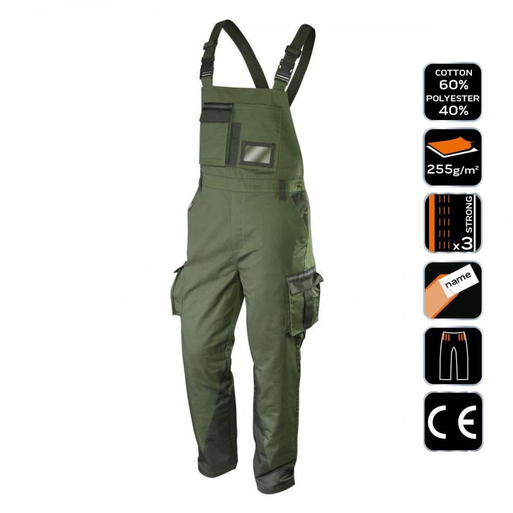 Pantaloni de lucru cu pieptar, salopeta, model Camo, maslin, marimea XL/54, NEO Pantaloni de lucru cu pieptar, salopeta, model Camo, maslin, marimea XL/54, NEO