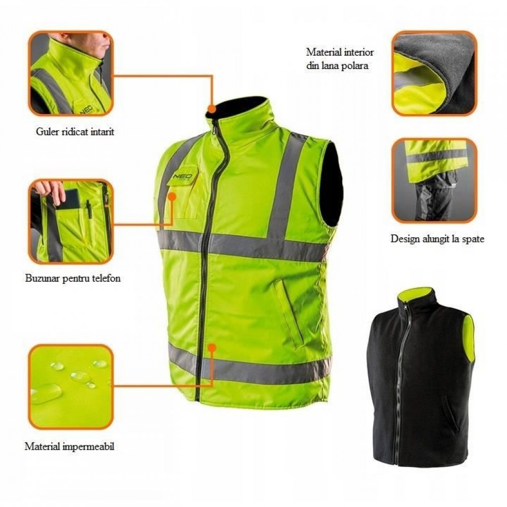 Vesta de lucru cu doua fete reflectorizanta galben/negru, nr.XXL/58, Neo Tools, 81-520-XXL