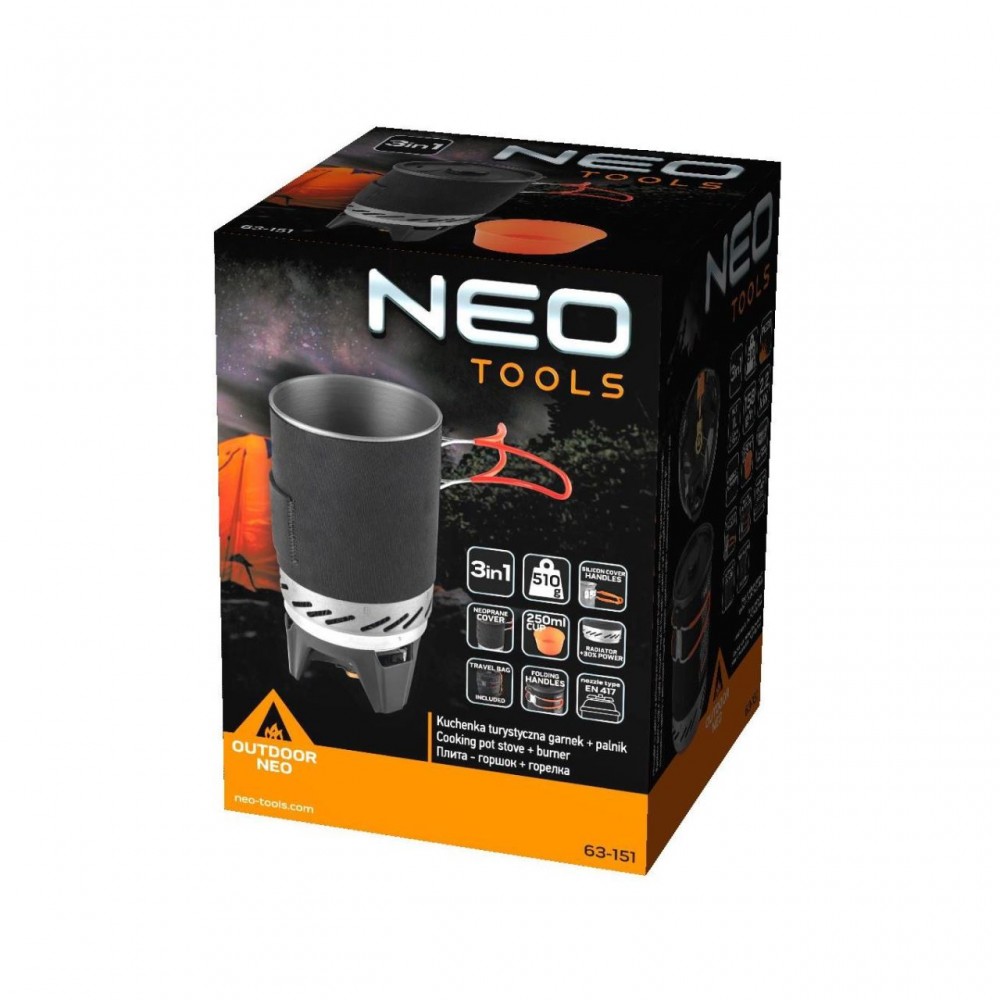 Aragaz camping, portabil, cu gaz, aprindere piezo, 3 in 1, 2200 W, inox, cu oala, NEO Aragaz camping, portabil, cu gaz, aprindere piezo, 3 in 1, 2200 W, inox, cu oala, NEO