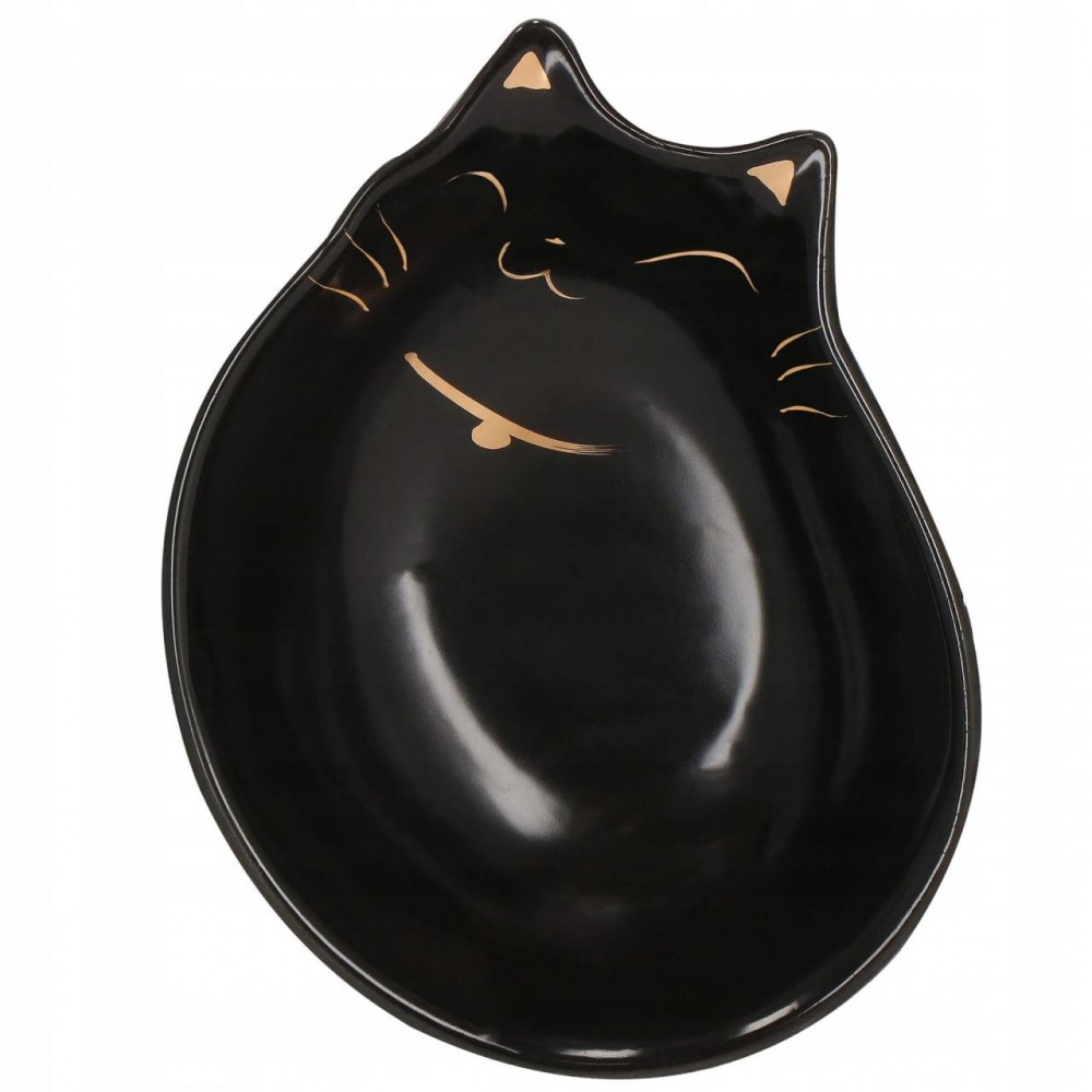 Castron, bol, pentru caine, pisica, ceramica, negru, model pisica, 15x11x5 cm