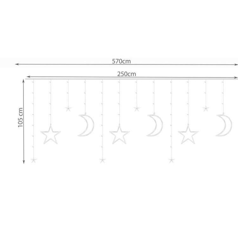 Instalatie luminoasa tip perdea, model stea si luna, alb rece, 8 moduri iluminare, interior-exterior, IP44, 138 LED, 2.5 m