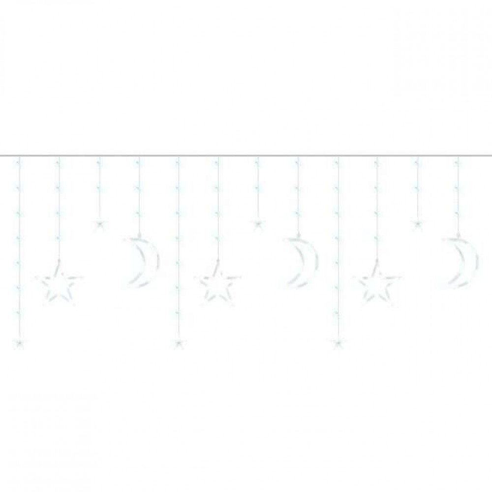 Instalatie luminoasa tip perdea, model stea si luna, alb rece, 8 moduri iluminare, interior-exterior, IP44, 138 LED, 2.5 m