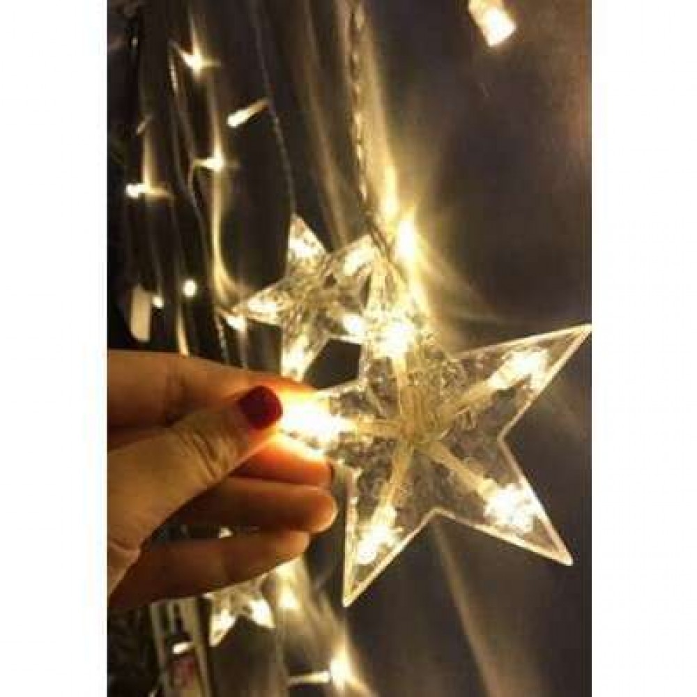 Instalatie luminoasa tip perdea, model stea si luna, alb rece, 8 moduri iluminare, interior-exterior, IP44, 138 LED, 2.5 m