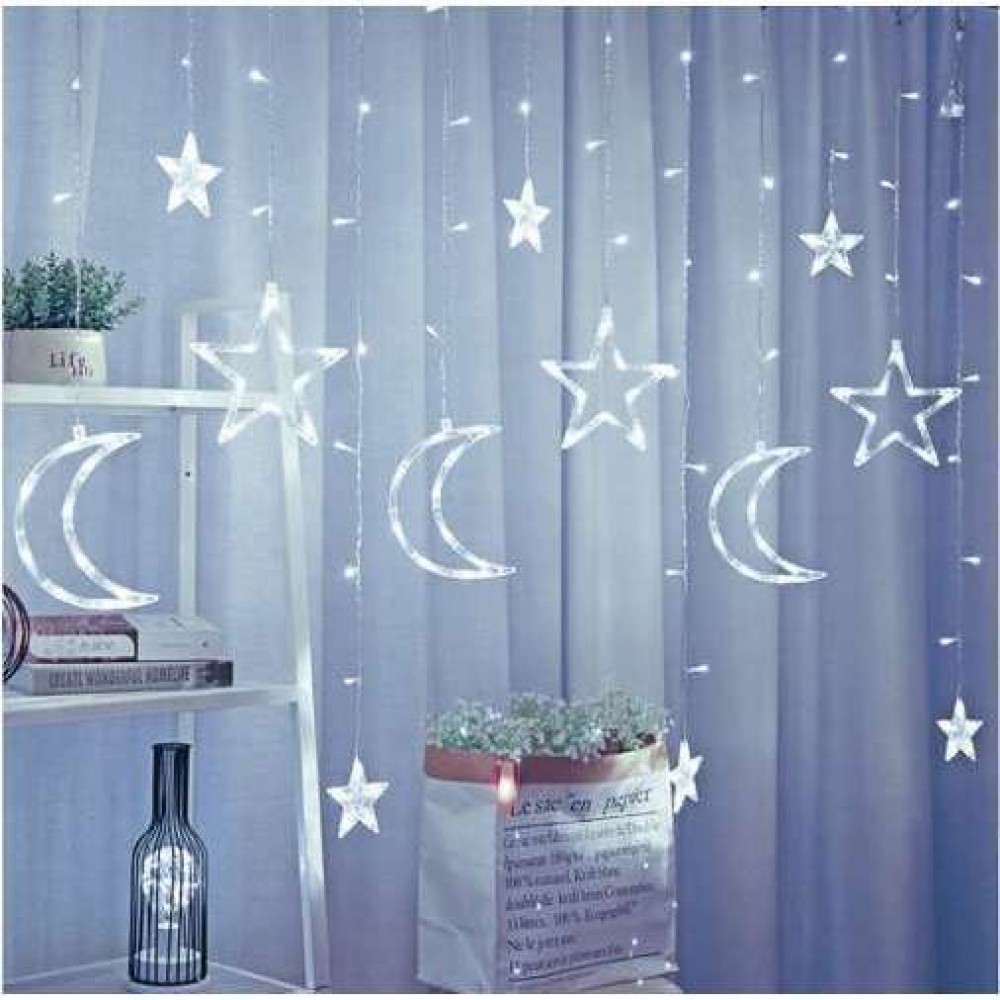 Instalatie luminoasa tip perdea, model stea si luna, alb rece, 8 moduri iluminare, interior-exterior, IP44, 138 LED, 2.5 m