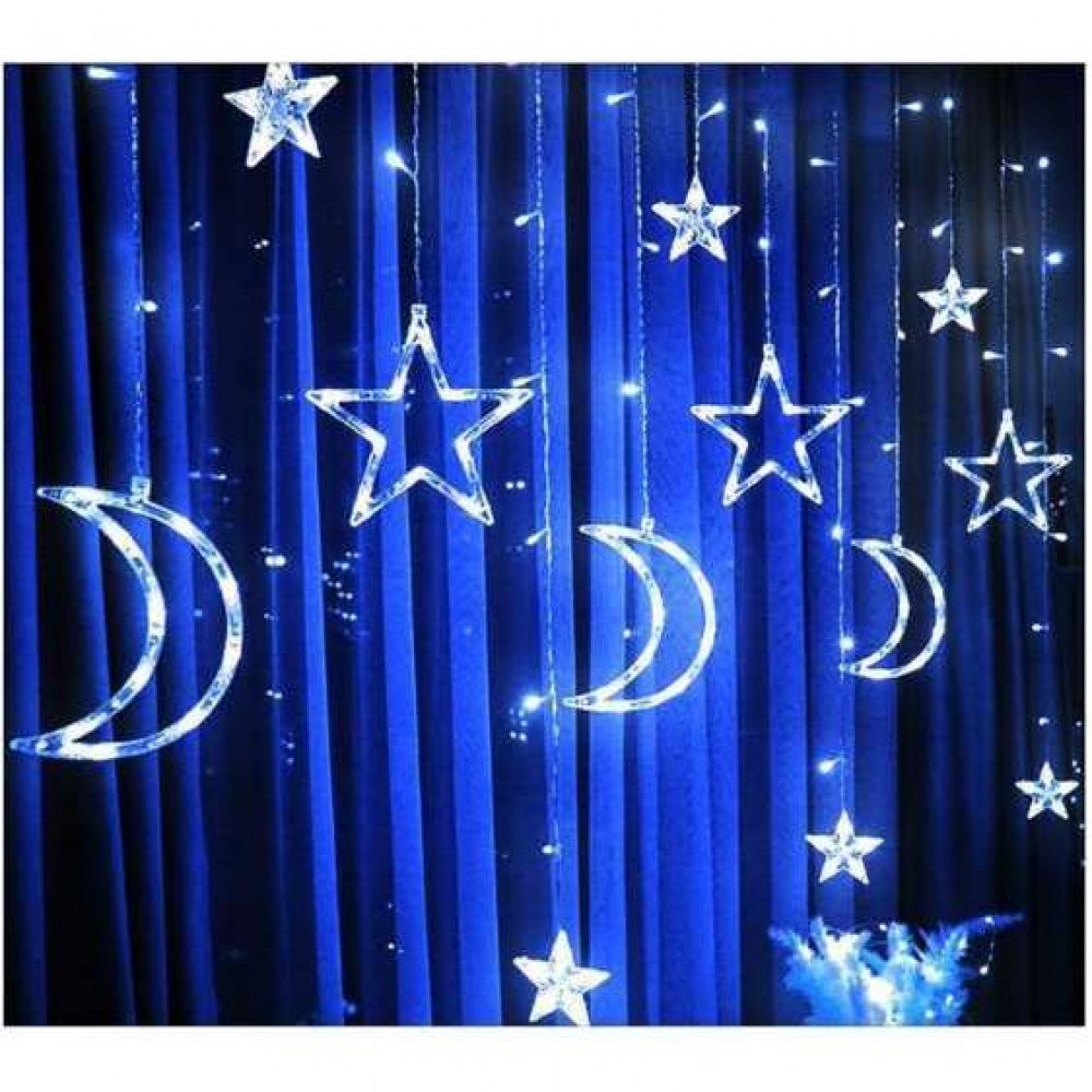 Instalatie luminoasa tip perdea, model stea si luna, alb rece, 8 moduri iluminare, interior-exterior, IP44, 138 LED, 2.5 m