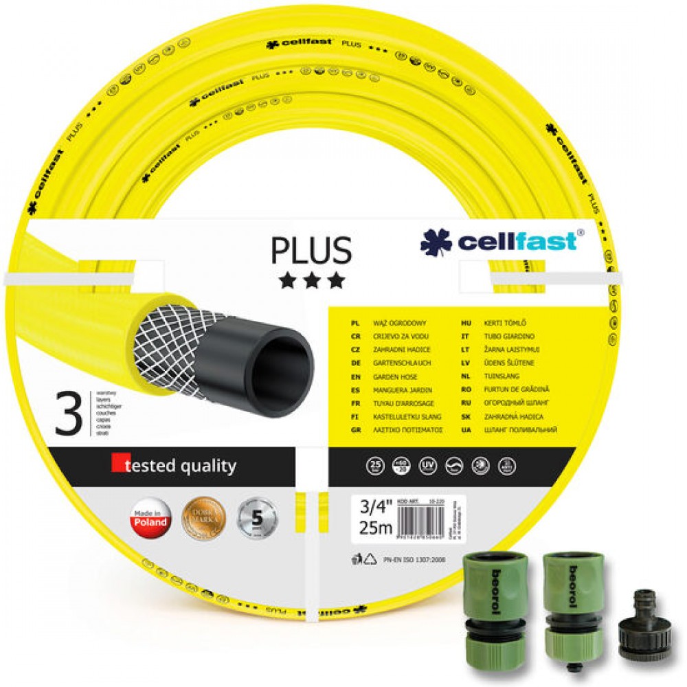Furtun de gradina, 3 straturi, + cadou 2 cuple, 1 adaptor, 3/4", 25 m, Cellfast Plus