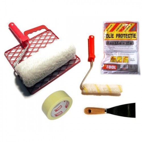 Set 8 accesorii pentru zugravit - rola, spaclu, folie, banda Set 8 accesorii pentru zugravit - rola, spaclu, folie, banda