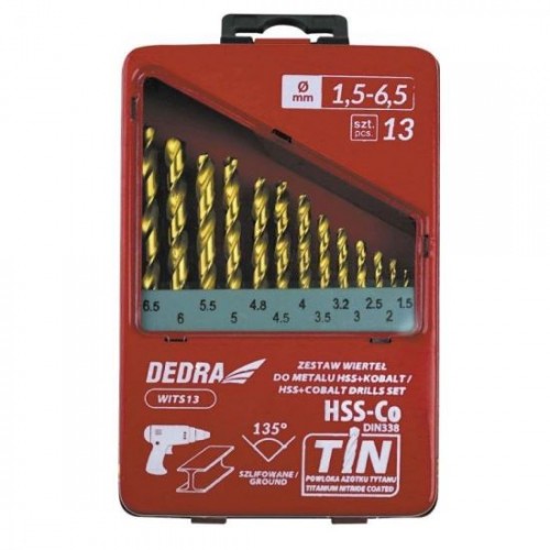 Burghiu pentru metal, HSS + cobalt + TiN, 135°, set 13 buc, Dedra Burghiu pentru metal, HSS + cobalt + TiN, 135°, set 13 buc, Dedra