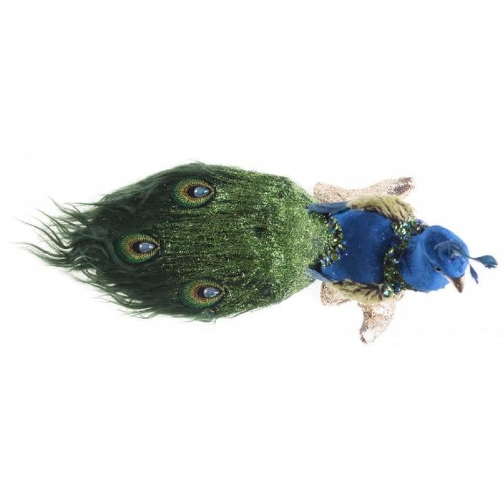 Decoratiune Craciun, paun cu puf, albastru, 24x12x32 cm