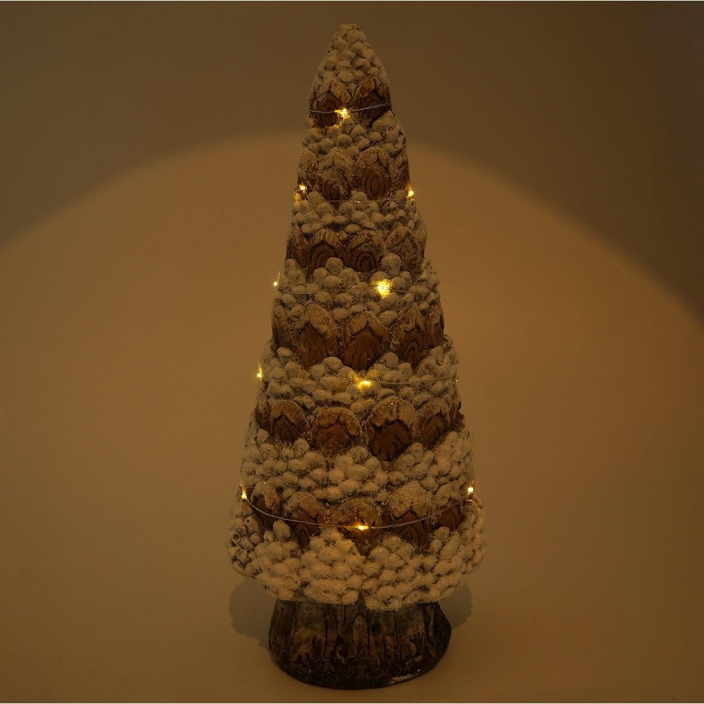 Decoratiune Craciun, ceramica, brad, alb si maro, LED, 3xAA, 17.5x17.5x42 cm