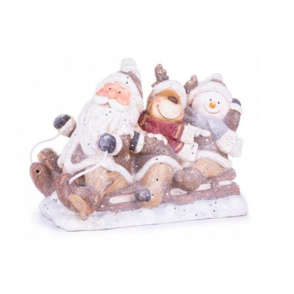 Decoratiune Craciun, ceramica, Mos Craciun, ren si om de zapada pe sanie, 45x23x34.5 cm