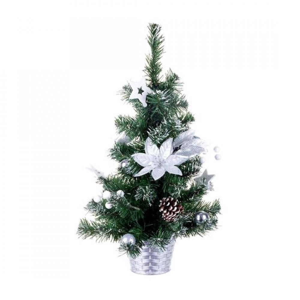 Decoratiune Craciun, brad impodobit cu floare, argintiu, 30 cm Decoratiune Craciun, brad impodobit cu floare, argintiu, 30 cm