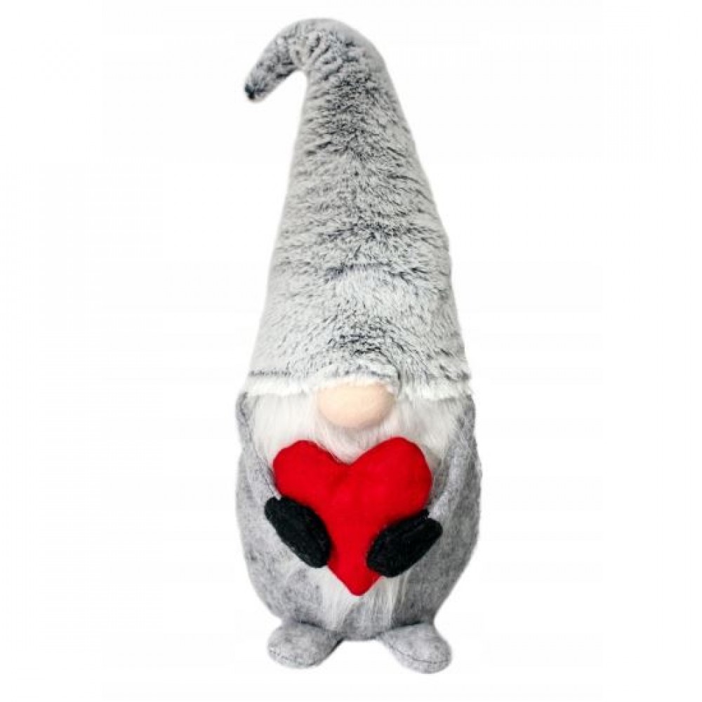 Decoratiune Craciun, pitic gri cu inima rosie, 48 cm
