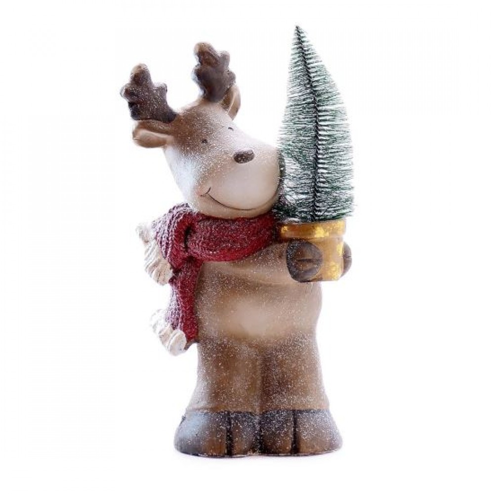 Decoratiune Craciun, ceramica, ren cu brad in ghiveci, LED, 2xLR44, 21x14x39 cm, Chomik Decoratiune Craciun, ceramica, ren cu brad in ghiveci, LED, 2xLR44, 21x14x39 cm, Chomik