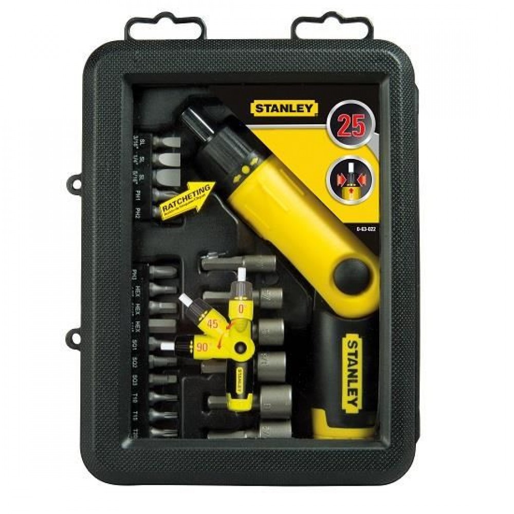 Set Stanley, surubelnita pivotanta cu clichet 1/4'' + 24 piese Set Stanley, surubelnita pivotanta cu clichet 1/4'' + 24 piese