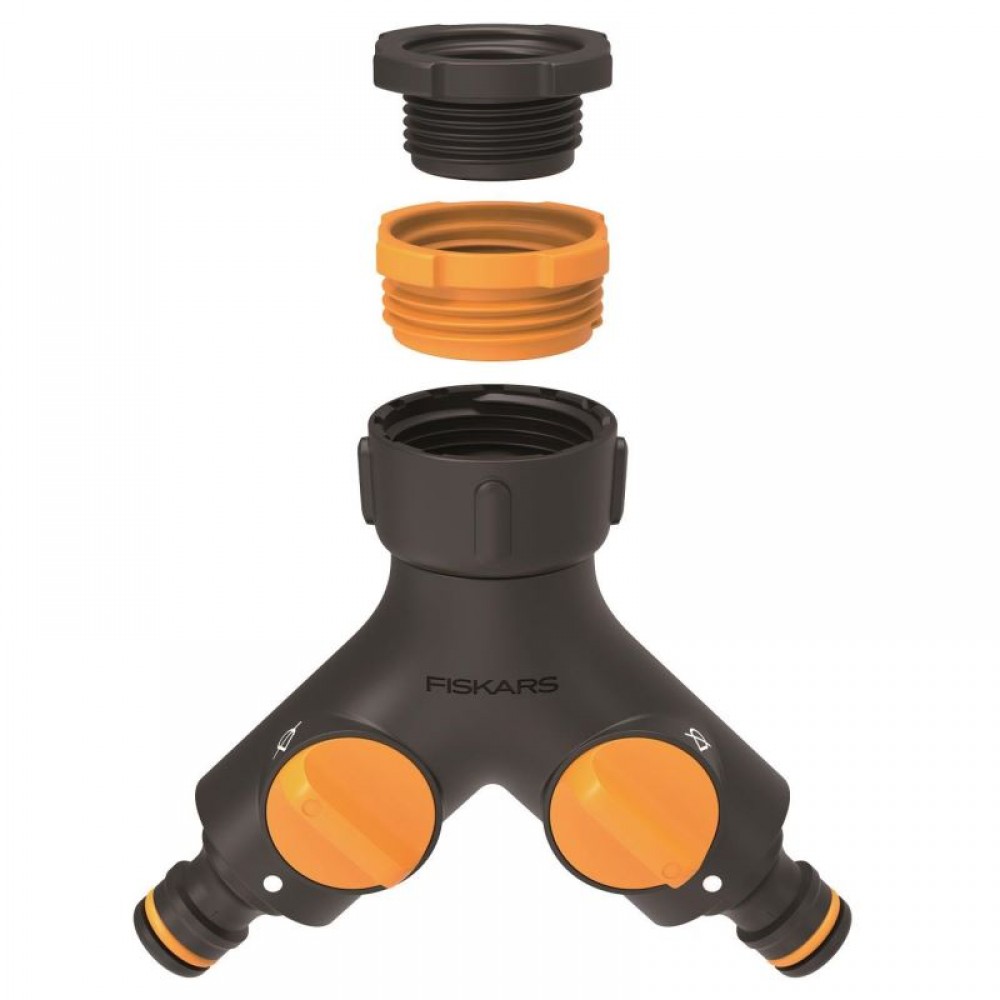 Conector pentru robinet Fiskars, doua cai, on/off, 1/2", 3/4", 1"