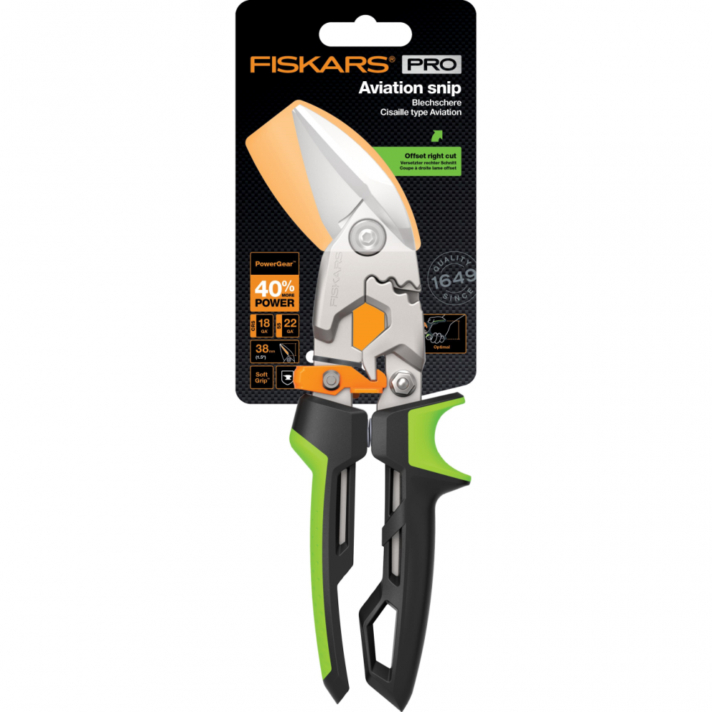 Foarfeca pentru tabla Fiskars PowerGear, cotita pe dreapta